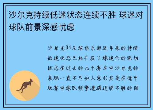 沙尔克持续低迷状态连续不胜 球迷对球队前景深感忧虑